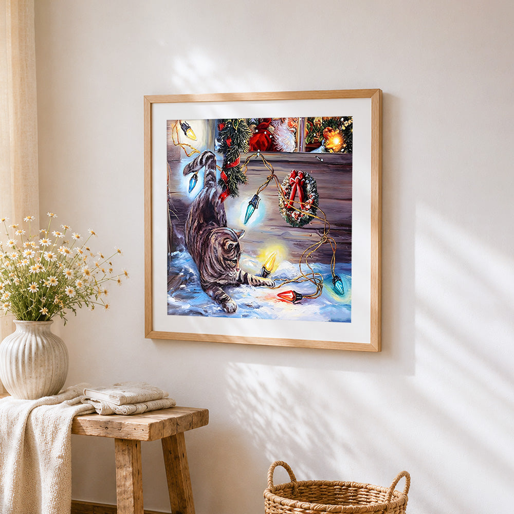 Tabby cat playing with christmas lights paint by numbers artwork displayed on wall as home decor