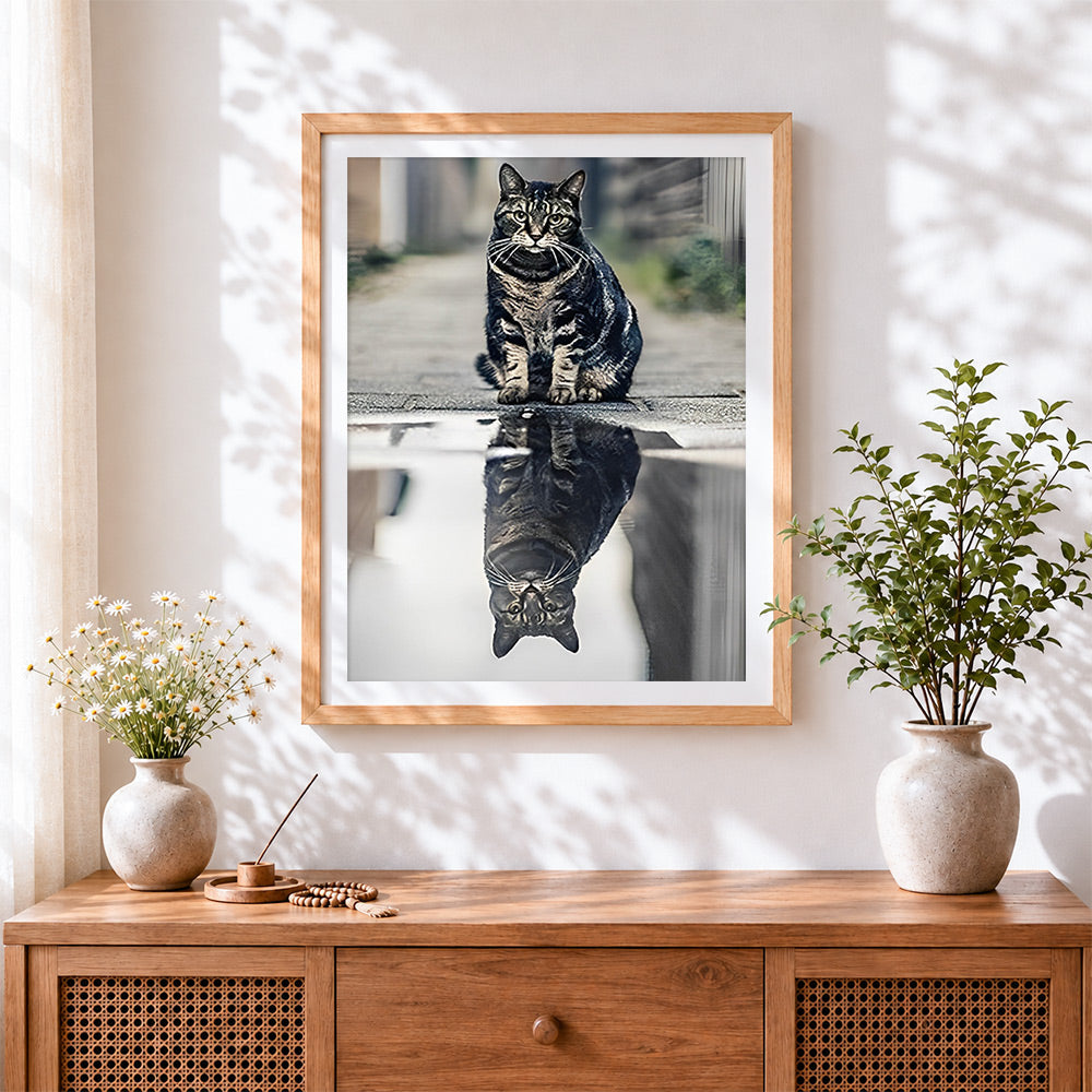 Finished tabby cat reflection cross stitch artwork displayed