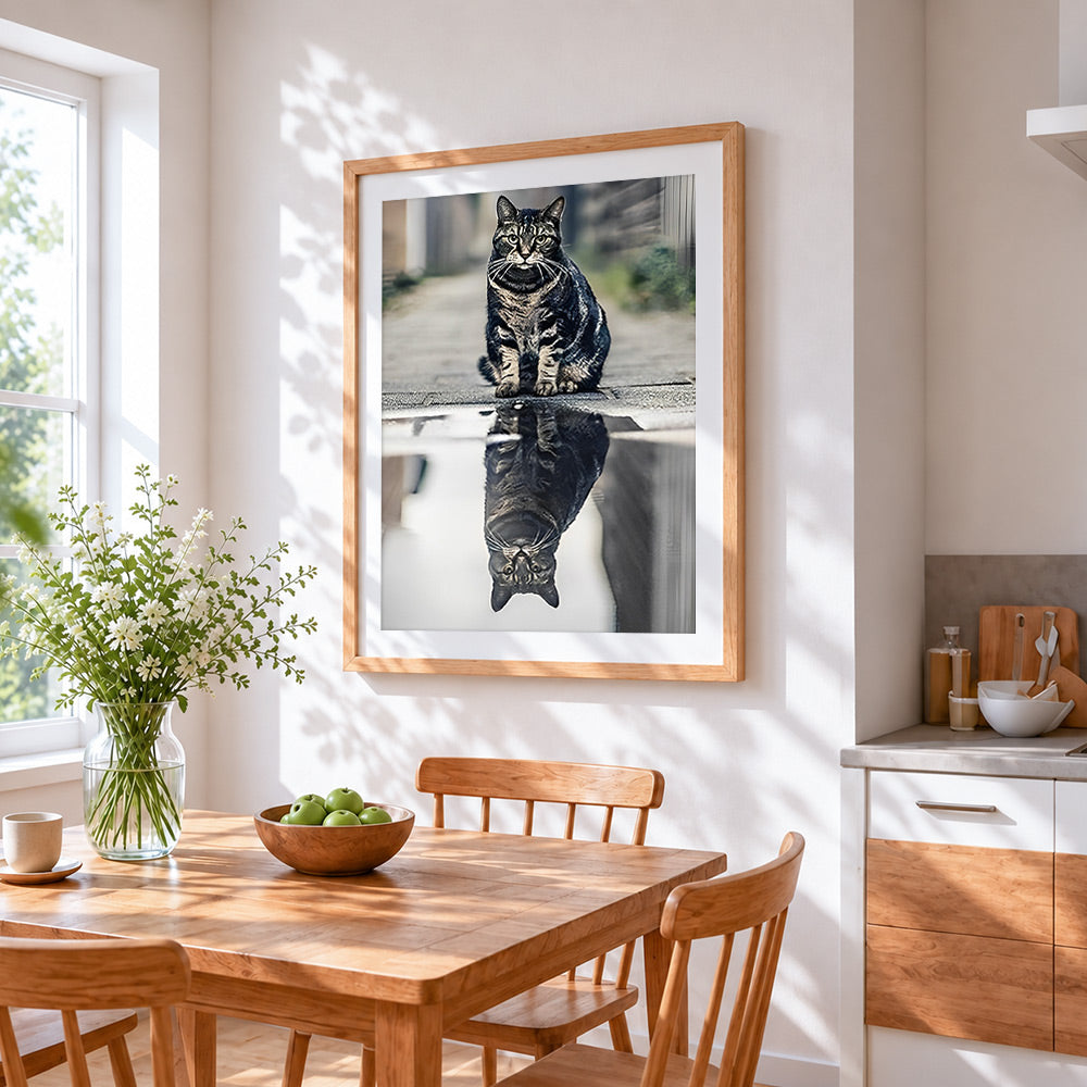 Tabby cat reflection cross stitch artwork displayed on wall as home decor