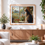 Finished tabby cat watching butterflies from a window cross stitch artwork displayed