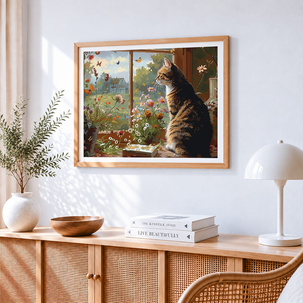 Tabby cat watching butterflies from a window cross stitch artwork displayed on wall as home decor