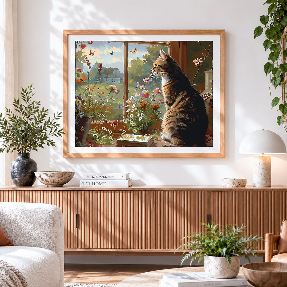 Finished tabby cat watching butterflies from a window paint by numbers artwork displayed as home decor