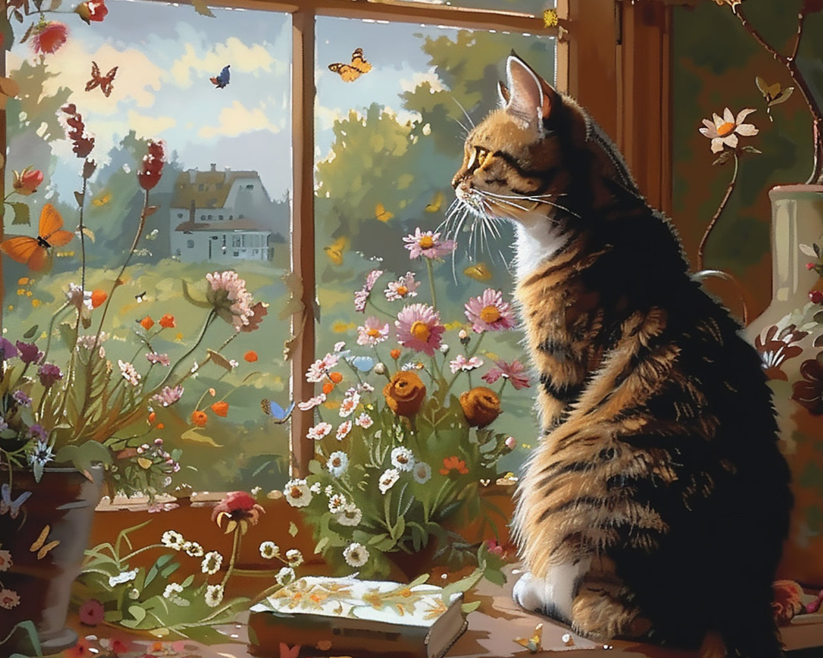 Tabby cat watching butterflies from a window paint by numbers kit for beginners