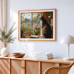 Tabby cat watching butterflies from a window paint by numbers artwork displayed on wall as home decor