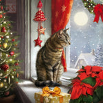 Tabby cat watching snowfall cross stitch kit for beginners