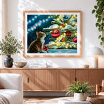Finished tabby cat watching the christmas tree cross stitch artwork displayed