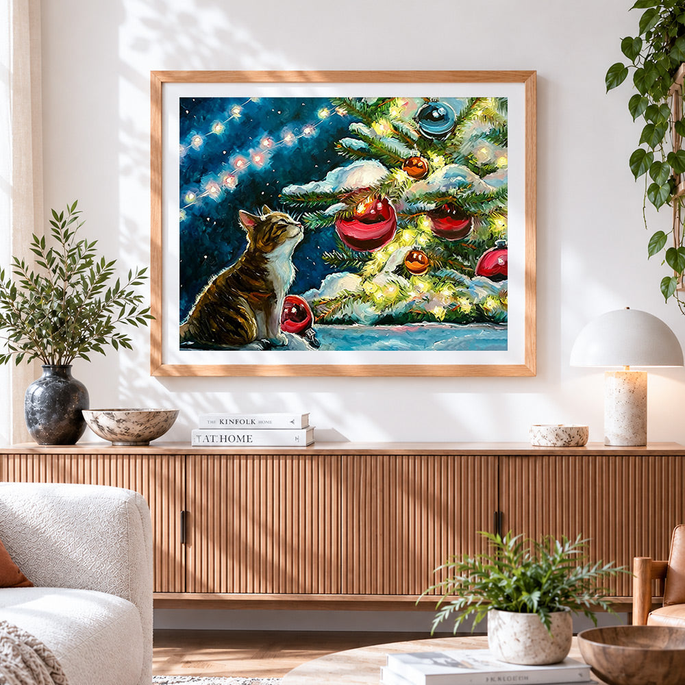 Finished tabby cat watching the christmas tree cross stitch artwork displayed