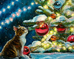 Tabby cat watching the christmas tree cross stitch kit for beginners