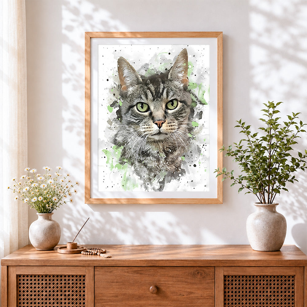 Finished tabby cat watercolour portrait cross stitch artwork displayed