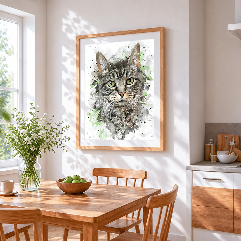 Tabby cat watercolour portrait cross stitch artwork displayed on wall as home decor