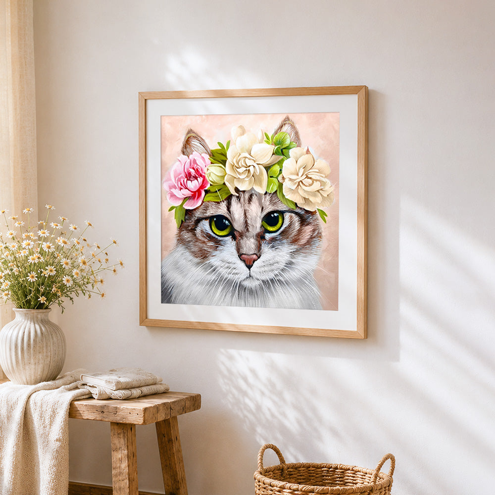 Tabby cat with flower crown cross stitch artwork displayed on wall as home decor