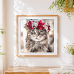 Finished tabby cat with winter floral crown paint by numbers artwork displayed as home decor