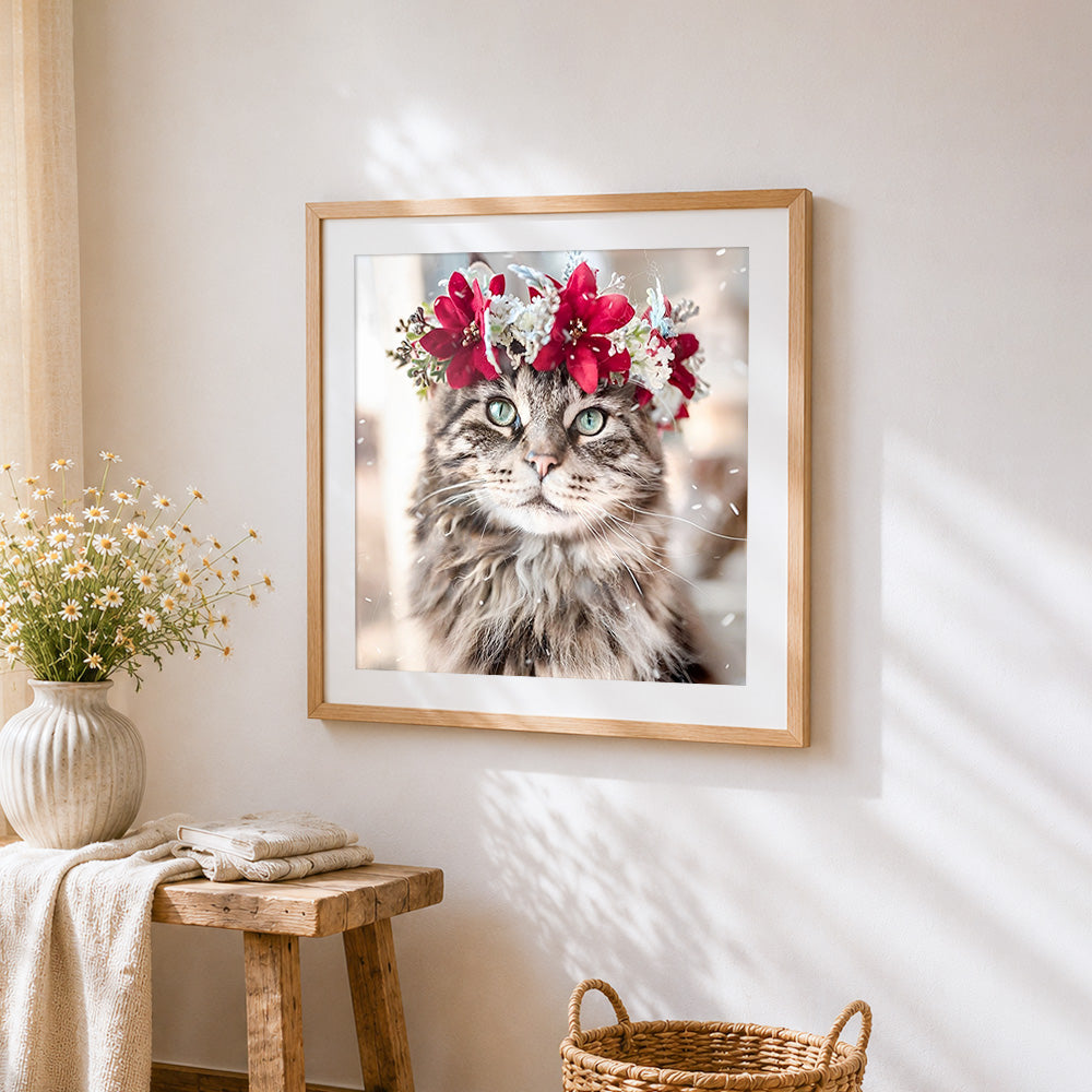 Tabby cat with winter floral crown paint by numbers artwork displayed on wall as home decor
