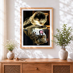 Finished tabby cat yawning reflection cross stitch artwork displayed