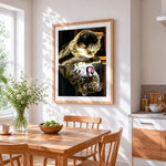 Tabby cat yawning reflection cross stitch artwork displayed on wall as home decor