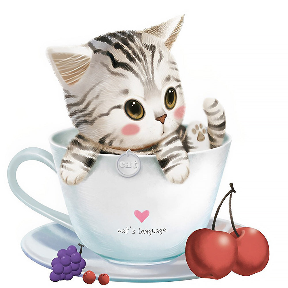 Tabby kitten in teacup with fruit cross stitch kit for beginners