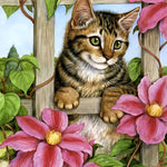 Tabby kitten on garden trellis cross stitch kit for beginners