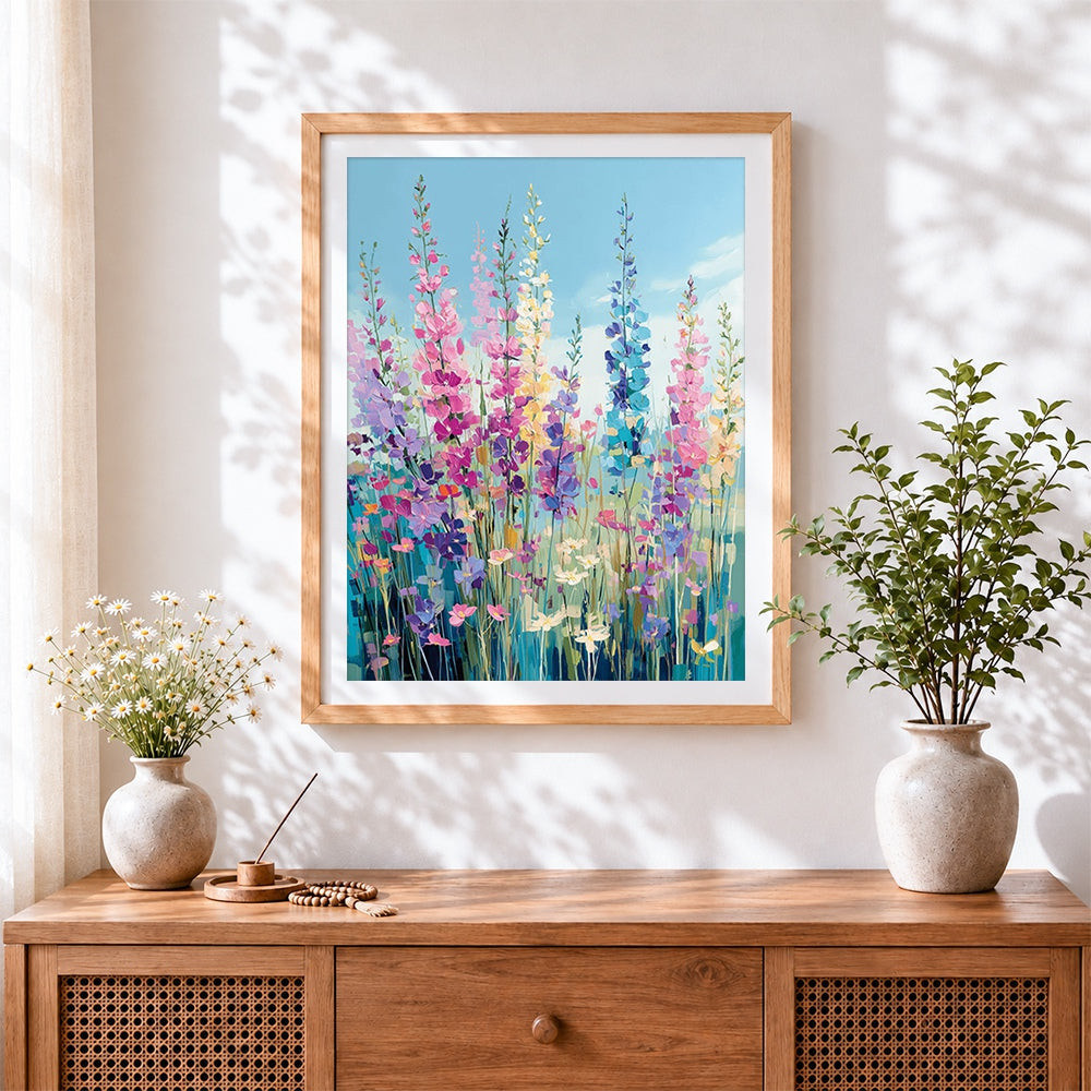 Finished tall colourful wildflowers cross stitch artwork displayed