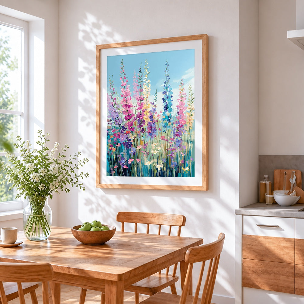 Tall colourful wildflowers cross stitch artwork displayed on wall as home decor