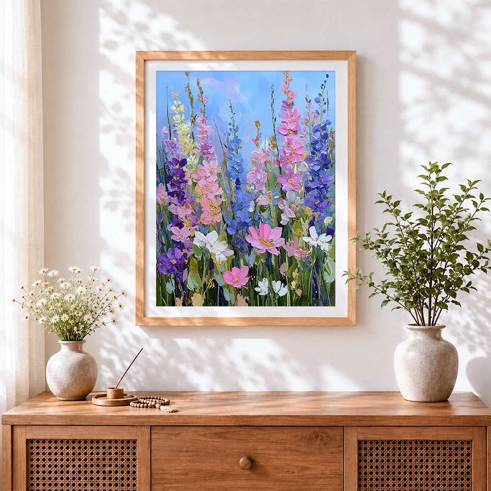 Finished tall pink and blue wildflowers cross stitch artwork displayed