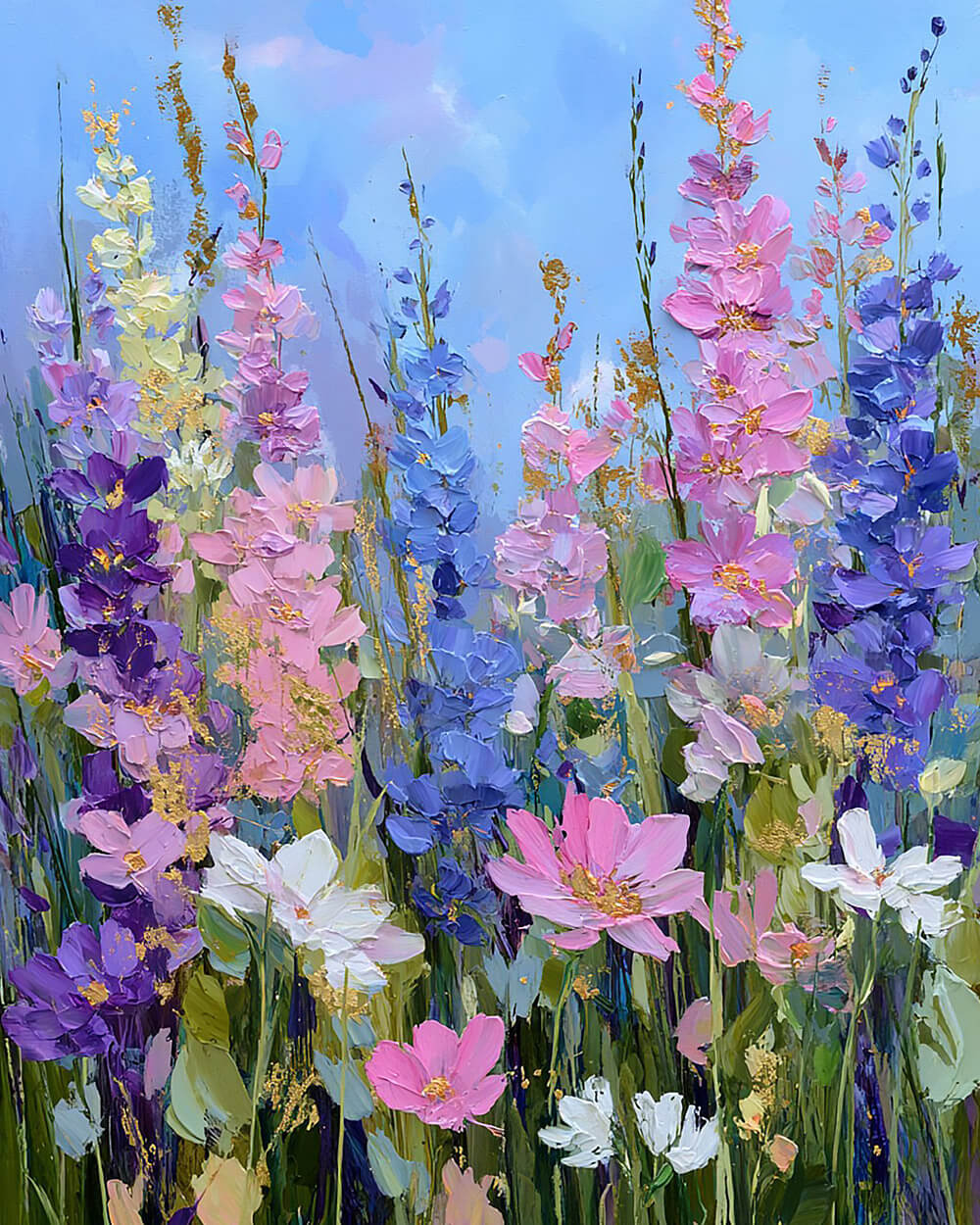 Tall pink and blue wildflowers cross stitch kit for beginners