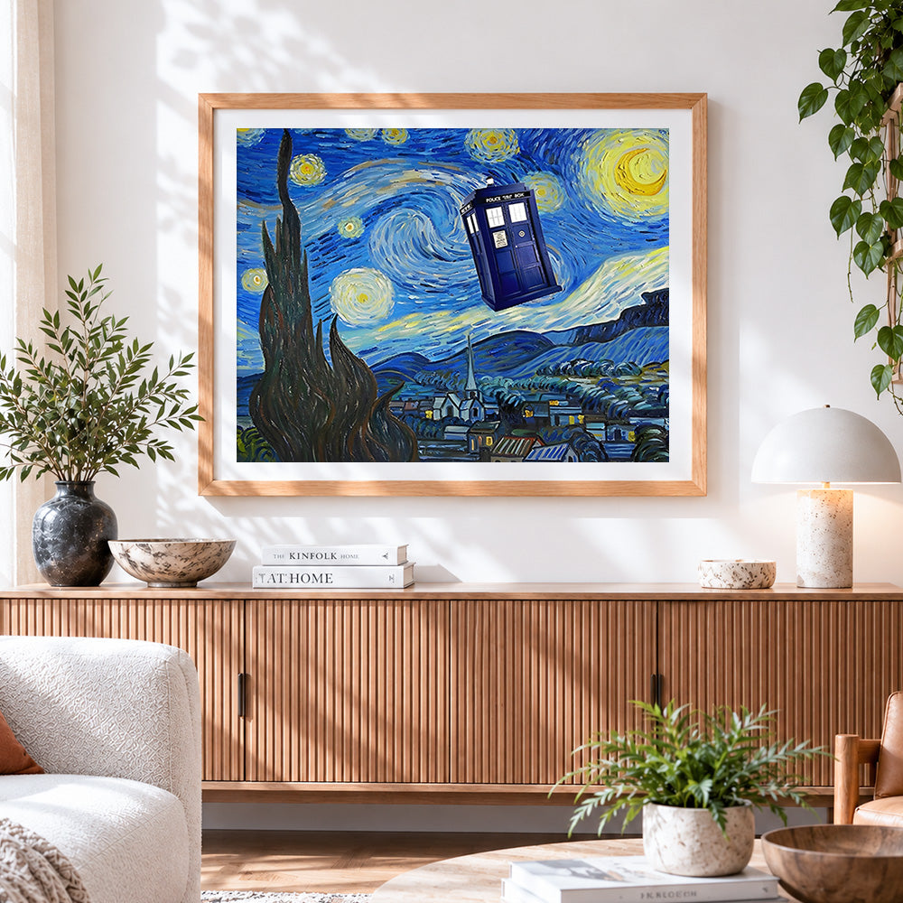 Finished tardis in van gogh's sky cross stitch artwork displayed