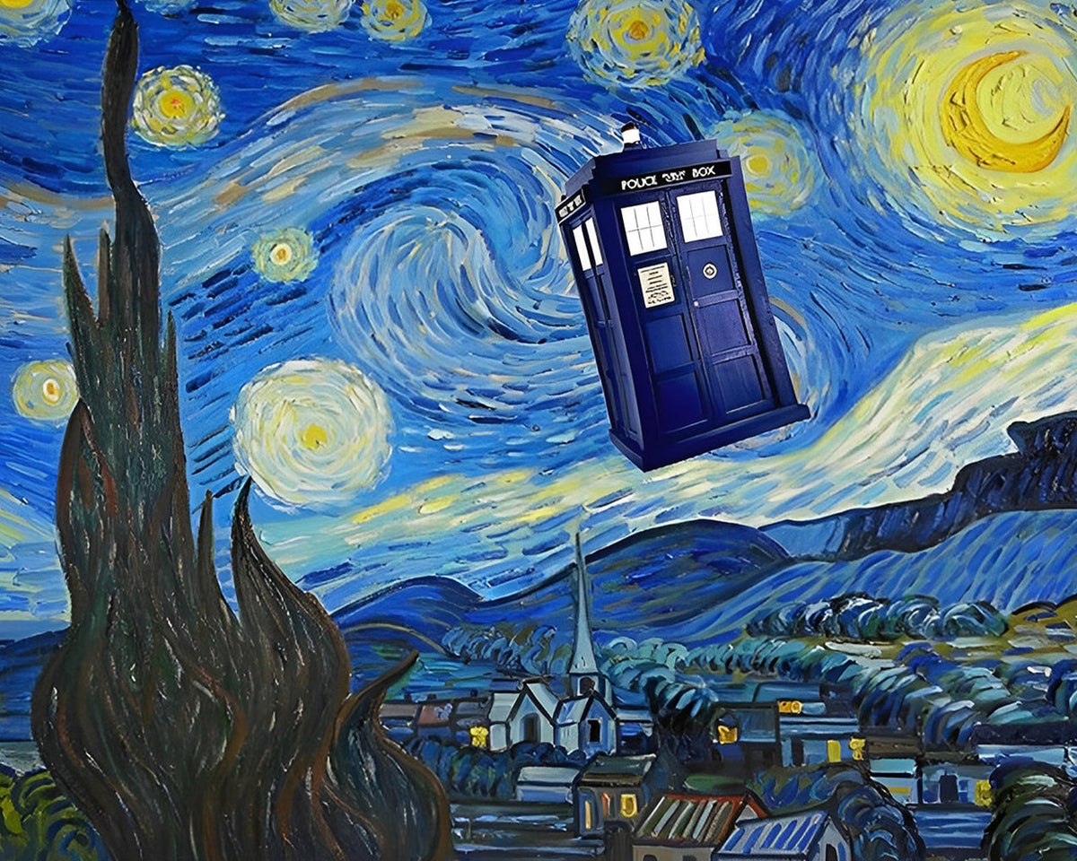 Tardis in van gogh's sky cross stitch kit for beginners