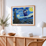 Tardis in van gogh's sky cross stitch artwork displayed on wall as home decor