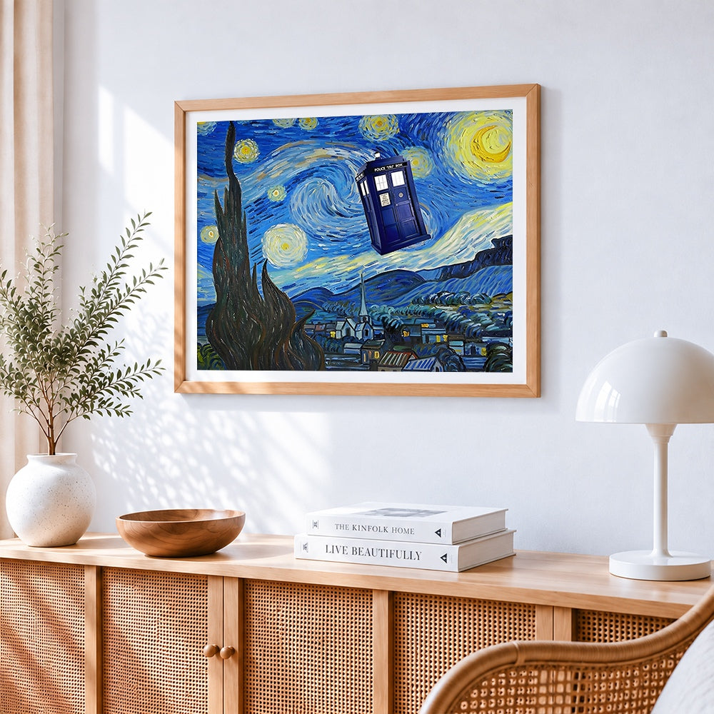 Tardis in van gogh's sky cross stitch artwork displayed on wall as home decor