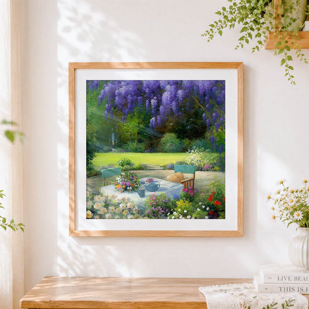 Finished tea table under wisteria cross stitch artwork displayed