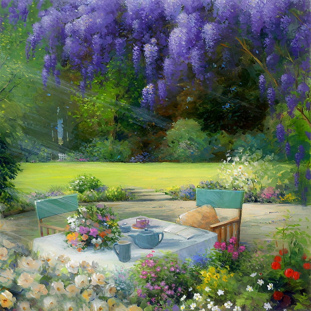 Tea table under wisteria cross stitch kit for beginners
