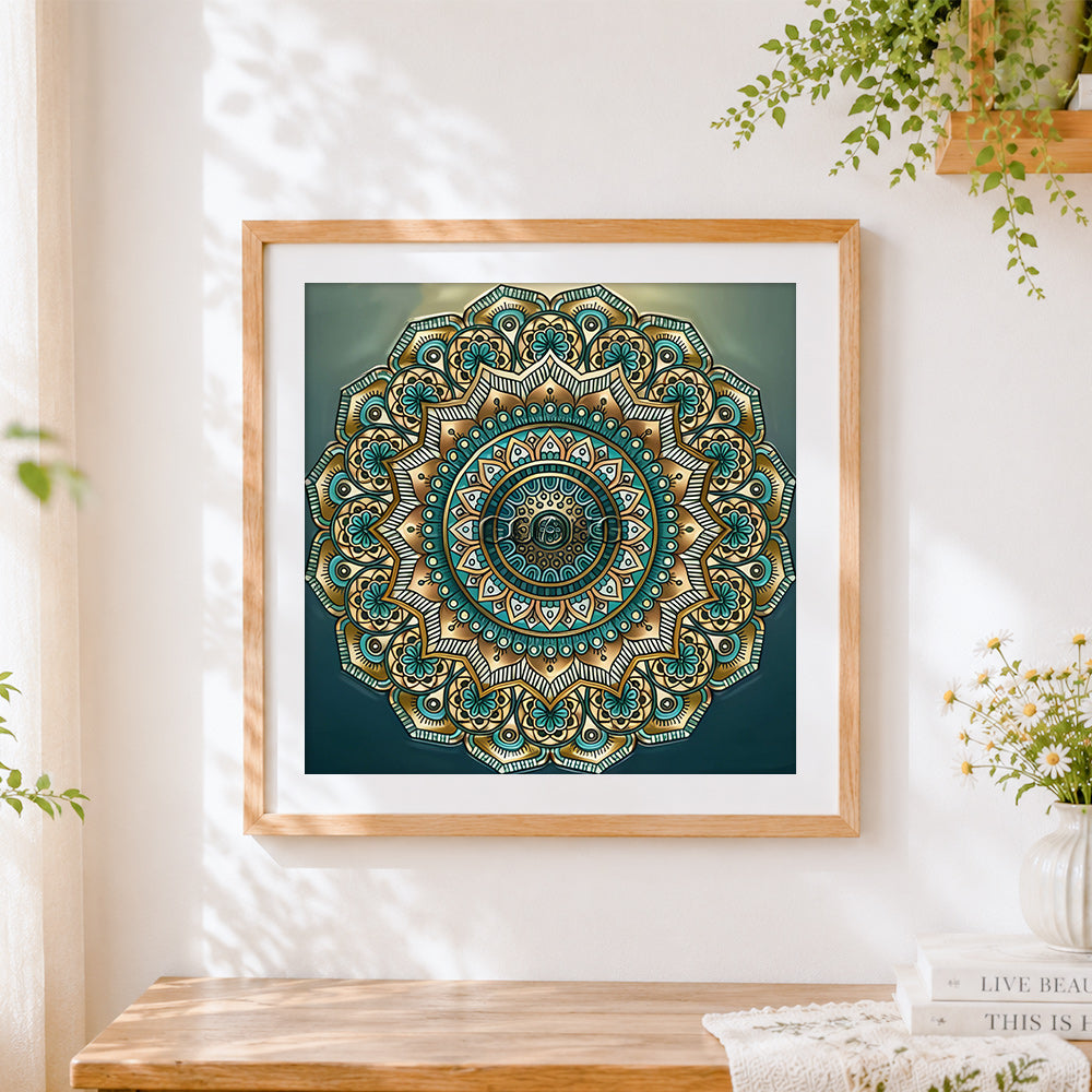 Finished teal and gold mandala cross stitch artwork displayed