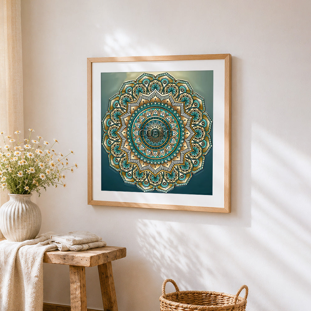 Teal and gold mandala cross stitch artwork displayed on wall as home decor