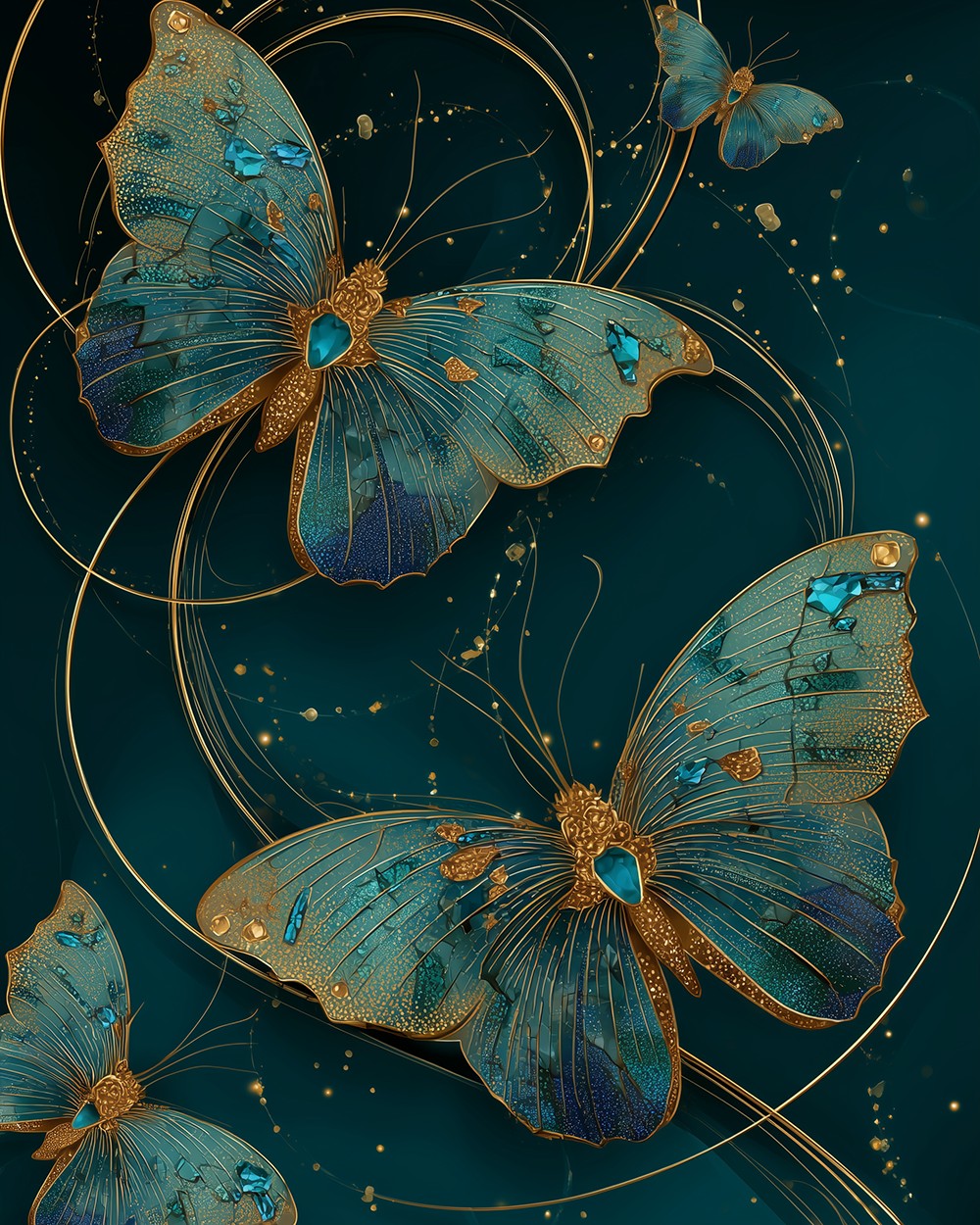 Teal and gold ornamental butterflies cross stitch kit for beginners