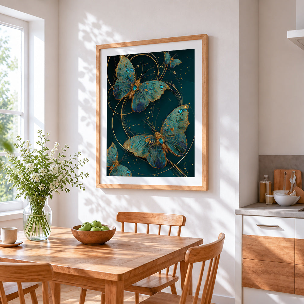 Teal and gold ornamental butterflies cross stitch artwork displayed on wall as home decor