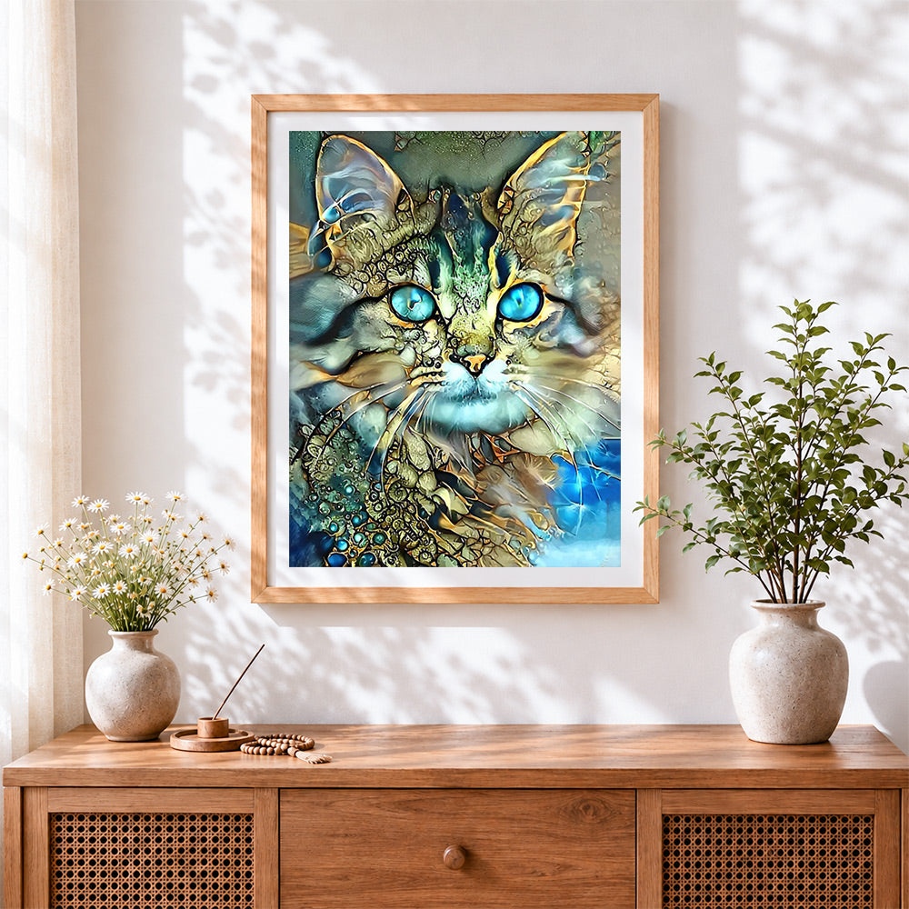 Finished teal eyed abstract cat cross stitch artwork displayed