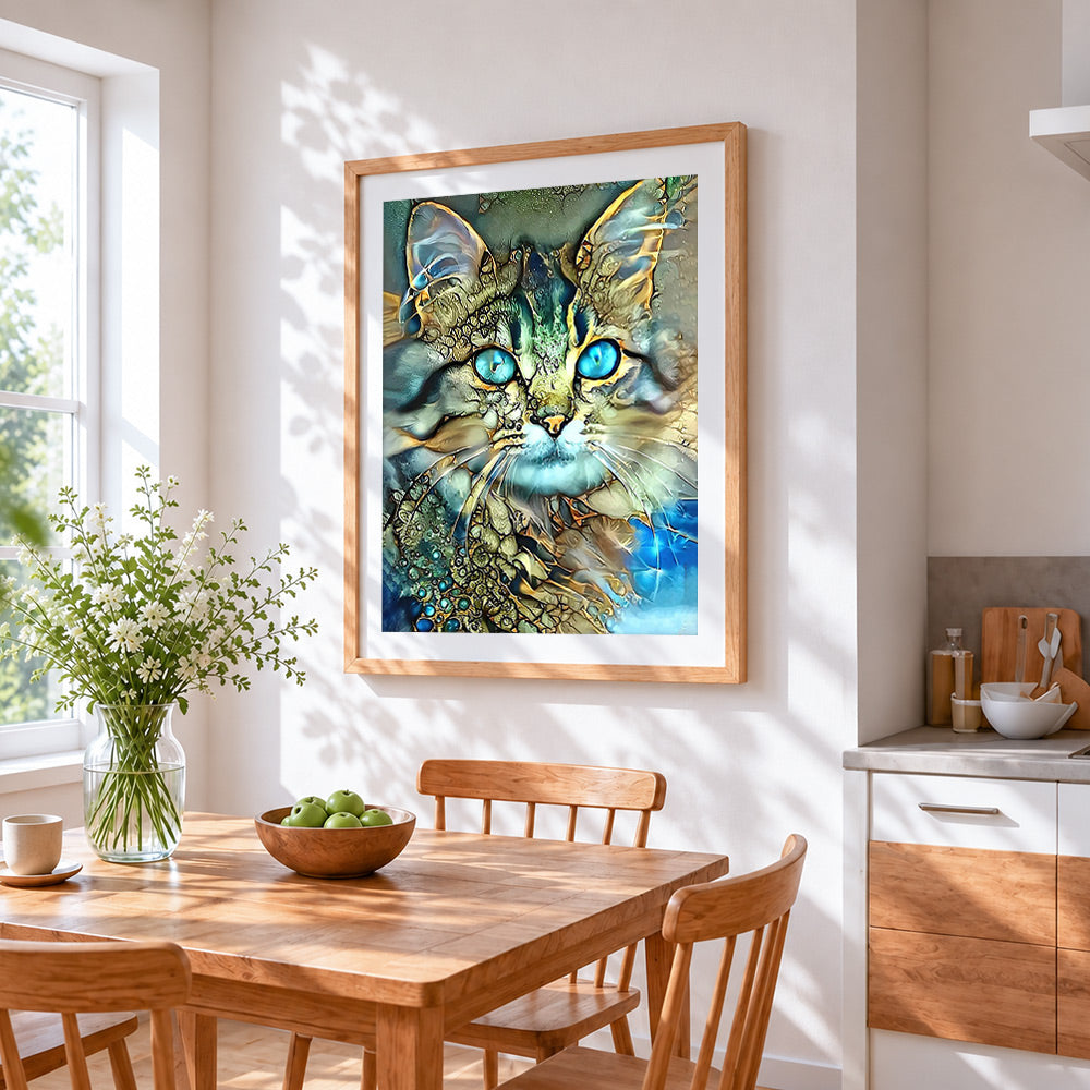 Teal eyed abstract cat cross stitch artwork displayed on wall as home decor