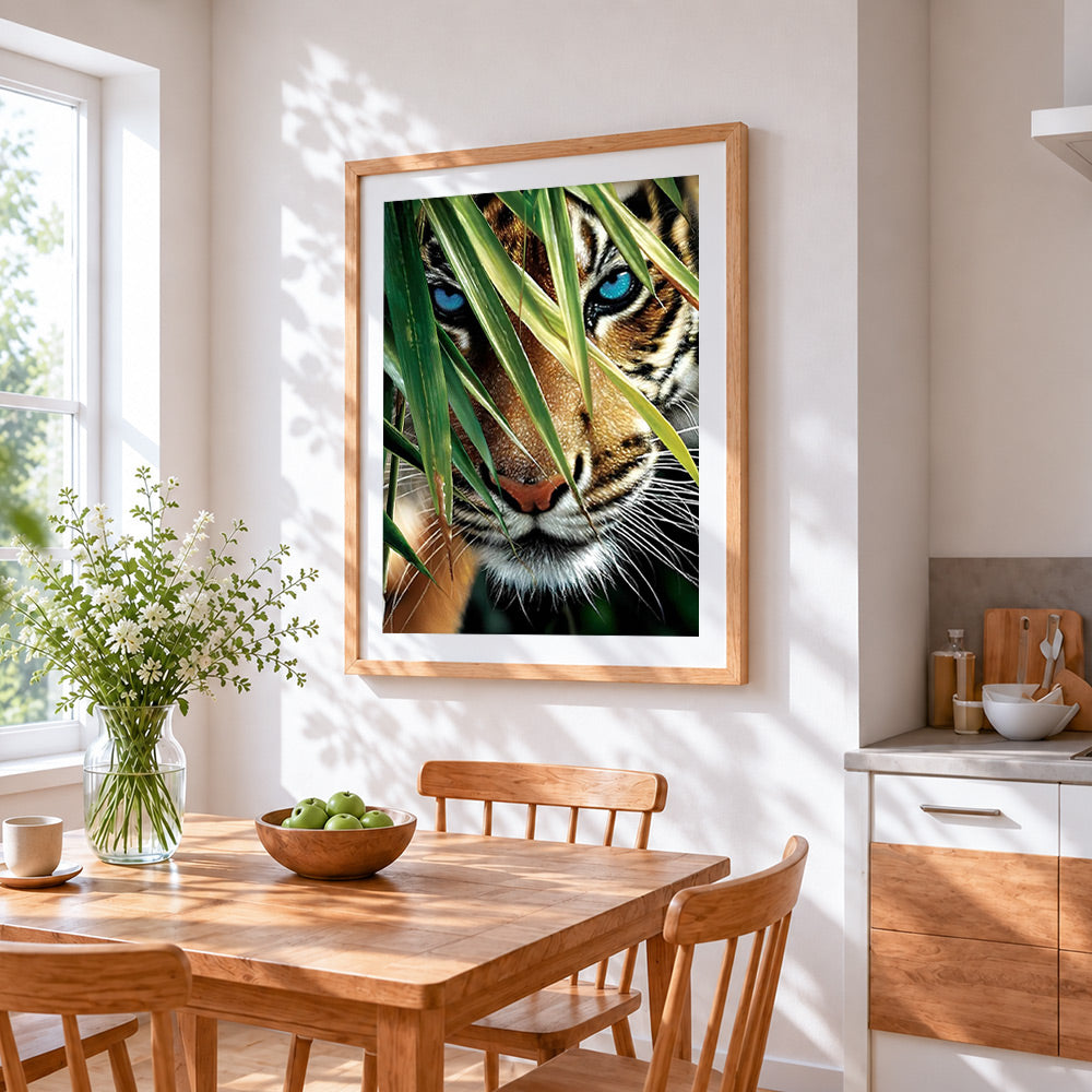 Teal eyed tiger and bamboo cross stitch artwork displayed on wall as home decor