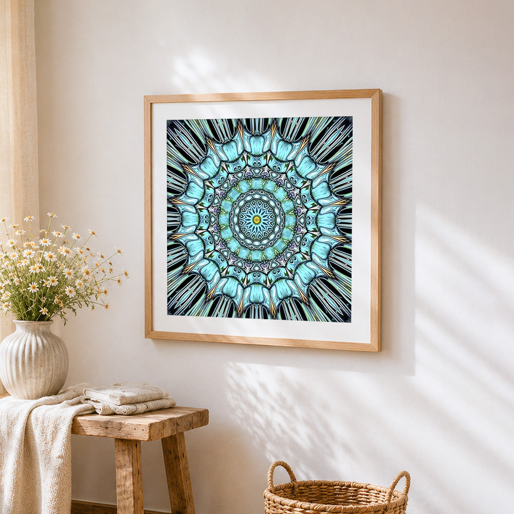 Teal kaleidoscope mandala cross stitch artwork displayed on wall as home decor