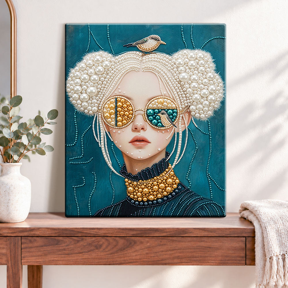 Finished teal pearl portrait pearl diamond painting artwork displayed as home decor
