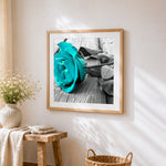 Teal rose on wooden board paint by numbers artwork displayed on wall as home decor