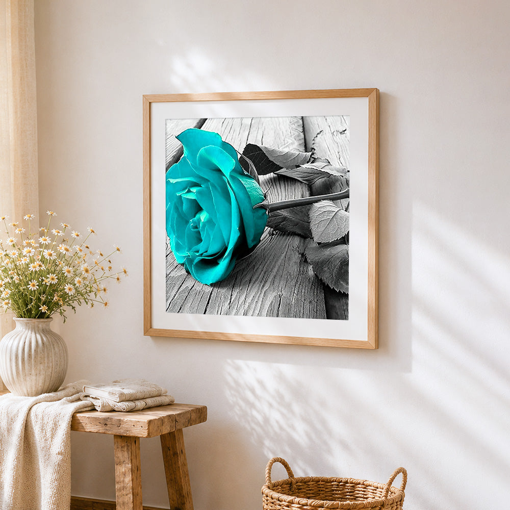 Teal rose on wooden board paint by numbers artwork displayed on wall as home decor