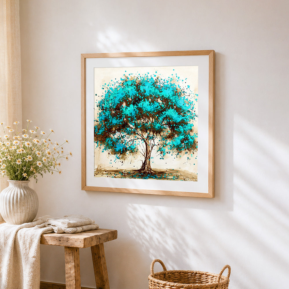 Teal splatter tree cross stitch artwork displayed on wall as home decor