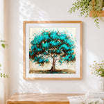 Finished teal splatter tree paint by numbers artwork displayed as home decor