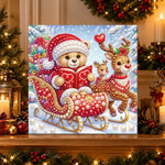 Finished teddy bear on festive sleigh pearl diamond painting artwork displayed as holiday home decor