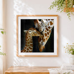 Finished tender mother and baby giraffe paint by numbers artwork displayed as home decor