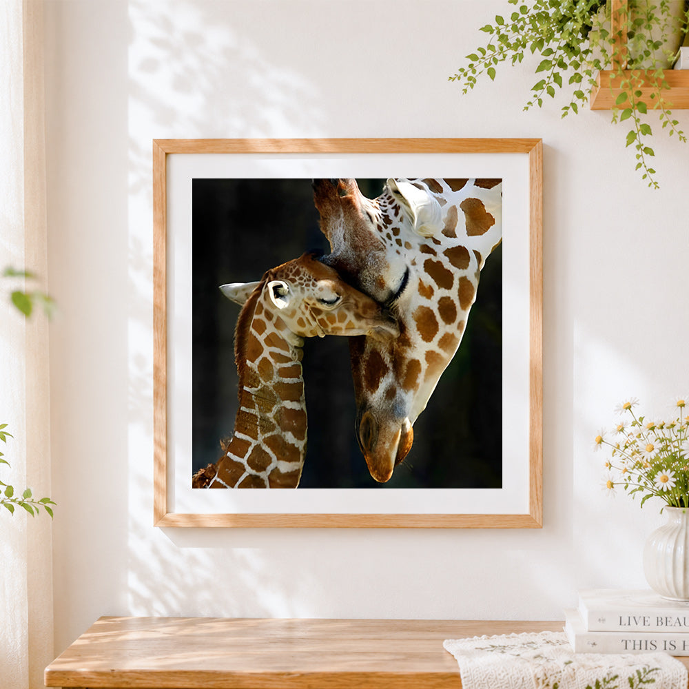 Finished tender mother and baby giraffe paint by numbers artwork displayed as home decor