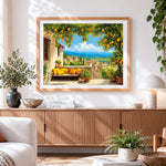 Finished terrace with orange tree and mountain view paint by numbers artwork displayed as home decor