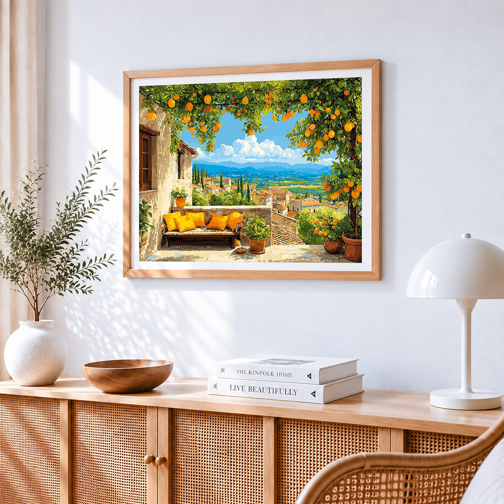 Terrace with orange tree and mountain view paint by numbers artwork displayed on wall as home decor