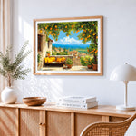 Terrace with orange tree and mountain view paint by numbers artwork displayed on wall as home decor
